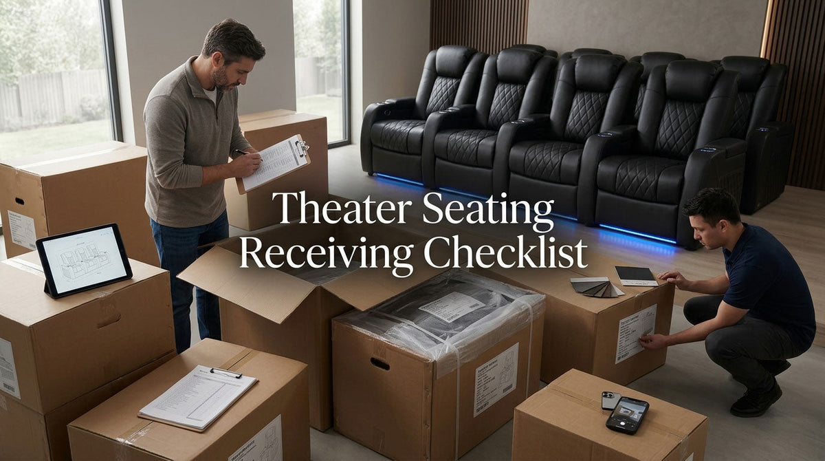 Theater seating shipment being inspected against an order and receiving checklist