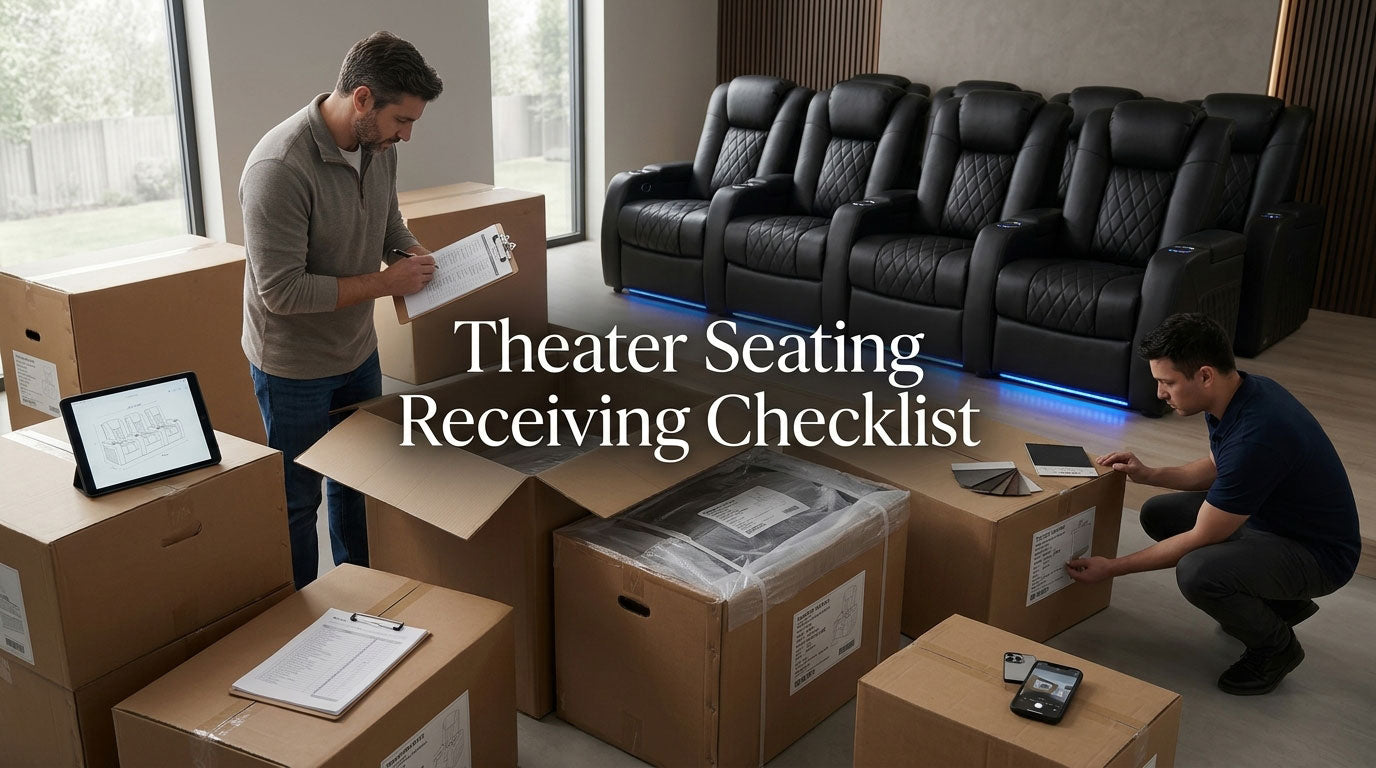 Theater seating shipment being inspected against an order and receiving checklist