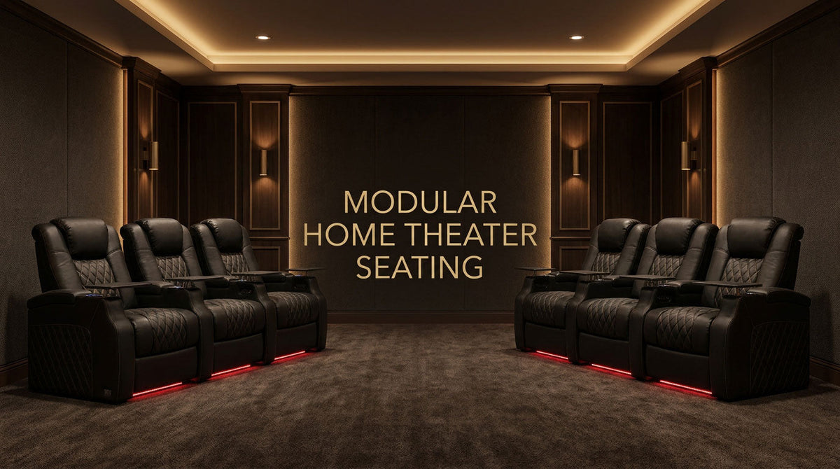 Modular leather home theater seats arranged as individual recliners and a loveseat-style group