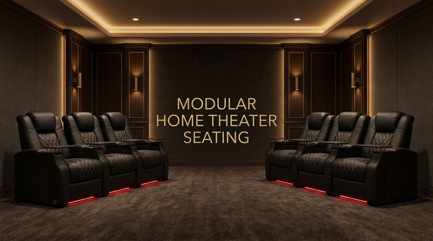 Modular leather home theater seats arranged as individual recliners and a loveseat-style group