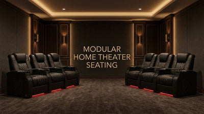 Modular leather home theater seats arranged as individual recliners and a loveseat-style group