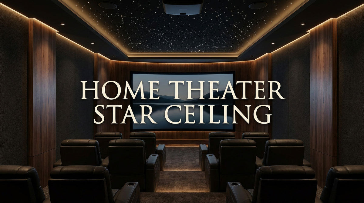Home theater star ceiling above reclining seats, projector screen, and Atmos speakers in a dark dedicated theater.