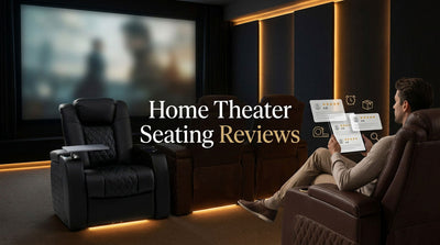 Home theater seating reviews guide showing a buyer comparing recliner reviews and product information in a home theater