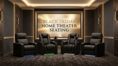 Luxury black leather home theater seating in a dark room during the 2026 Black Friday event