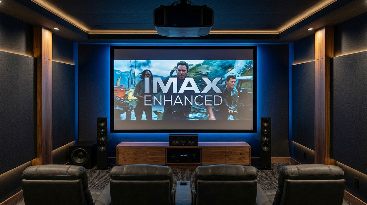IMAX Enhanced home theater with projector, surround sound, AV receiver, and reclining seating