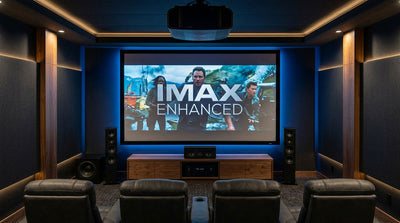 IMAX Enhanced home theater with projector, surround sound, AV receiver, and reclining seating