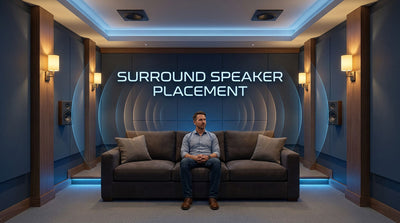 Modern home theater with a couch against the back wall, side surrounds, and Dolby Atmos ceiling speakers.