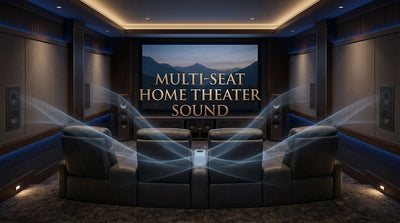 Home theater with four seats showing a central listening area for multi-seat sound optimization