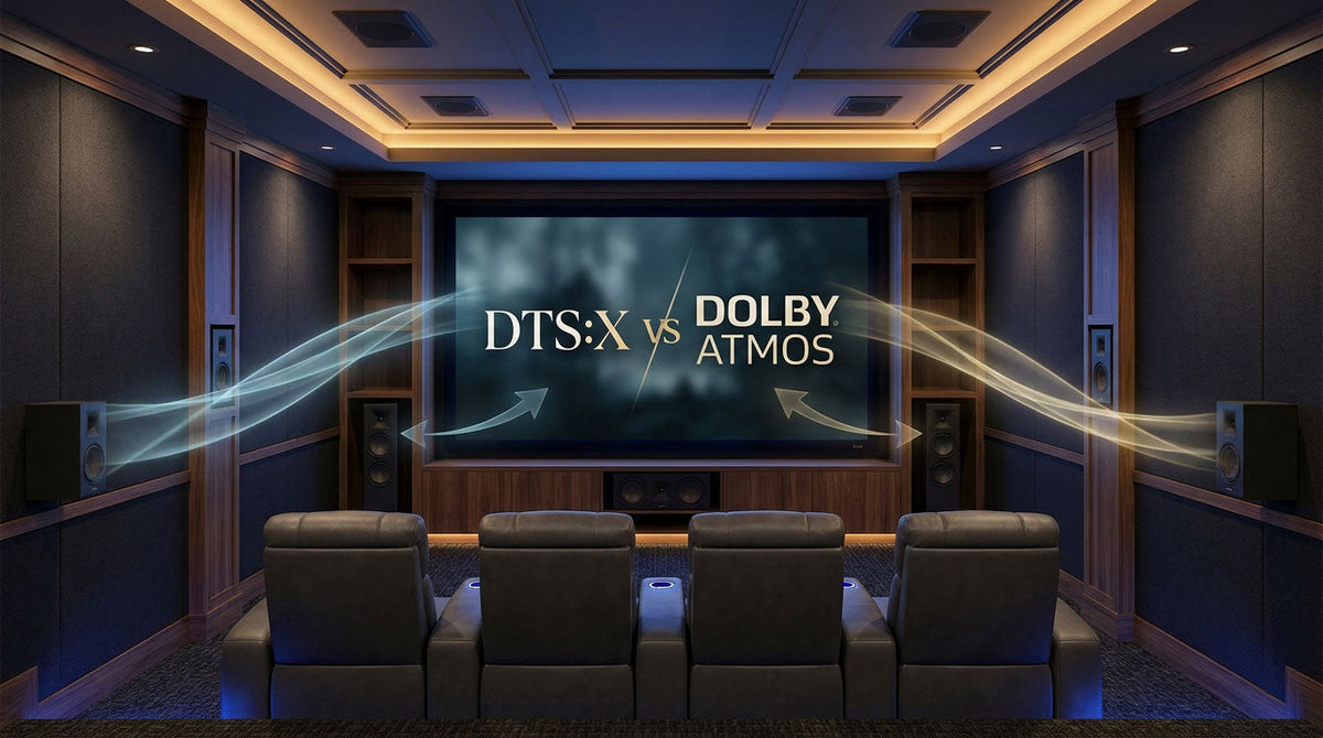 Home theater using one immersive speaker and seating layout for DTS:X and Dolby Atmos