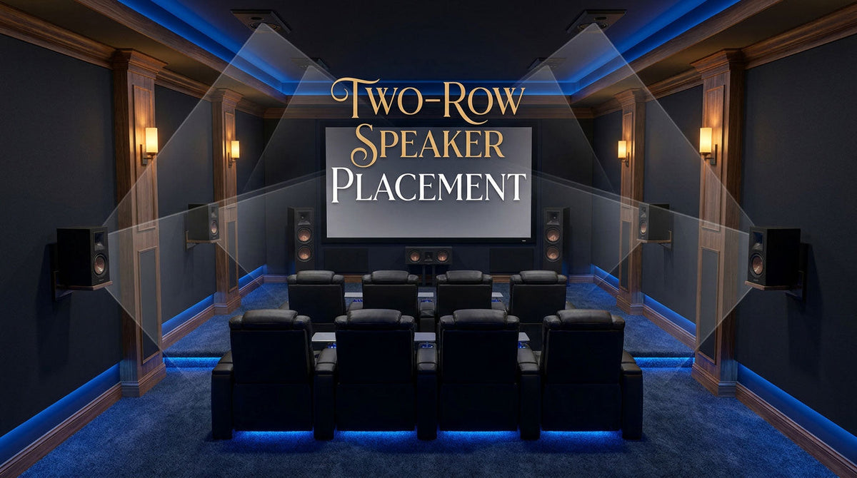 Two-row home theater showing surround and Atmos speaker coverage across both seating rows