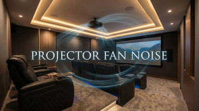 Ceiling-mounted home theater projector above reclining seats with sound waves illustrating projector fan noise.