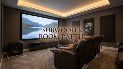 Home theater showing possible subwoofer room rattle sources around seating, floor, and nearby objects