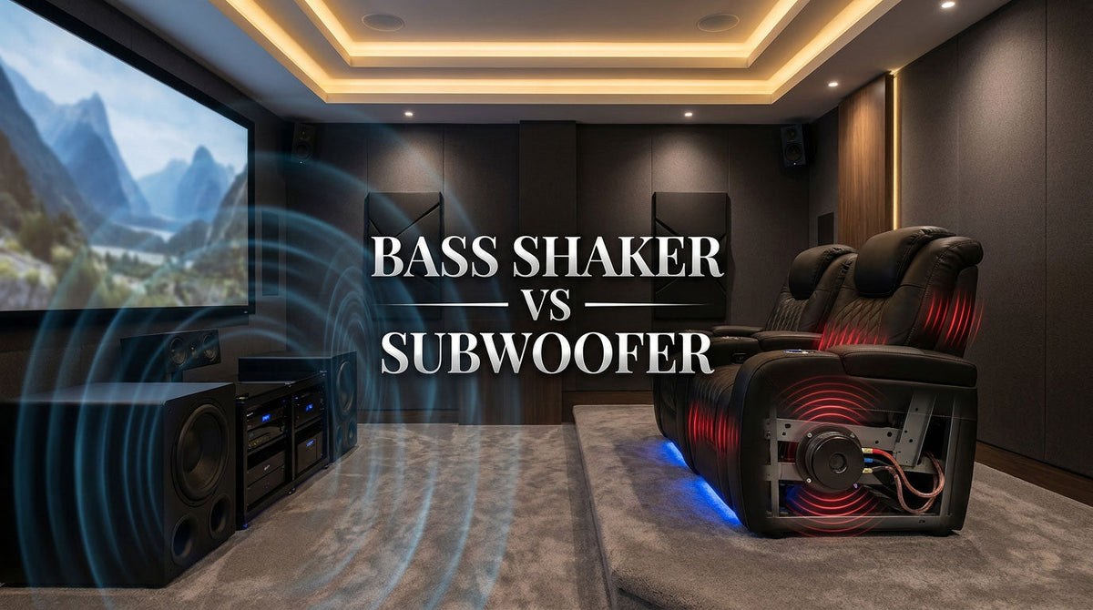 Bass shaker vs subwoofer comparison showing room-level bass and direct tactile seat impact