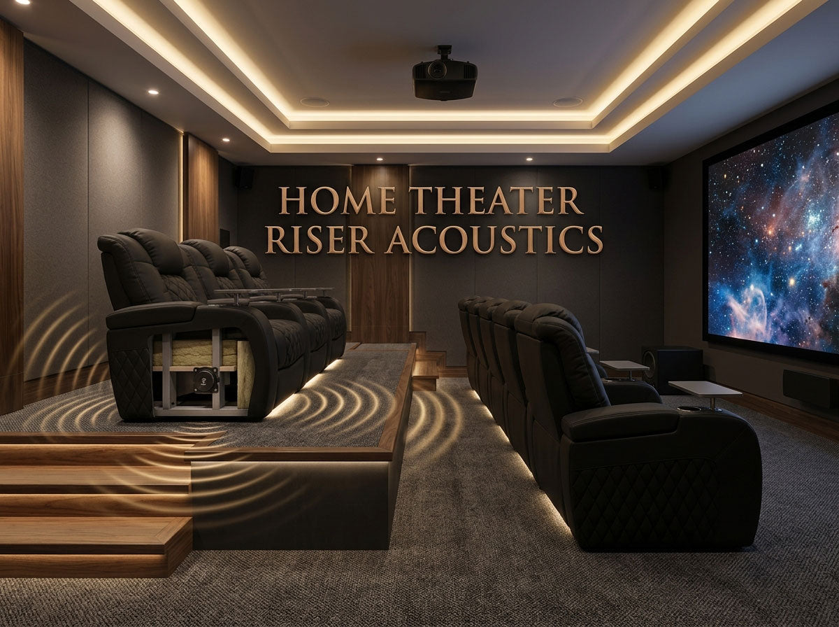 Home theater riser acoustics showing bass, vibration, tactile response, and a raised rear seating platform