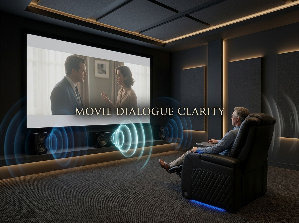 Movie dialogue clarity in a home theater showing speech competing with effects, room noise, and the listening environment