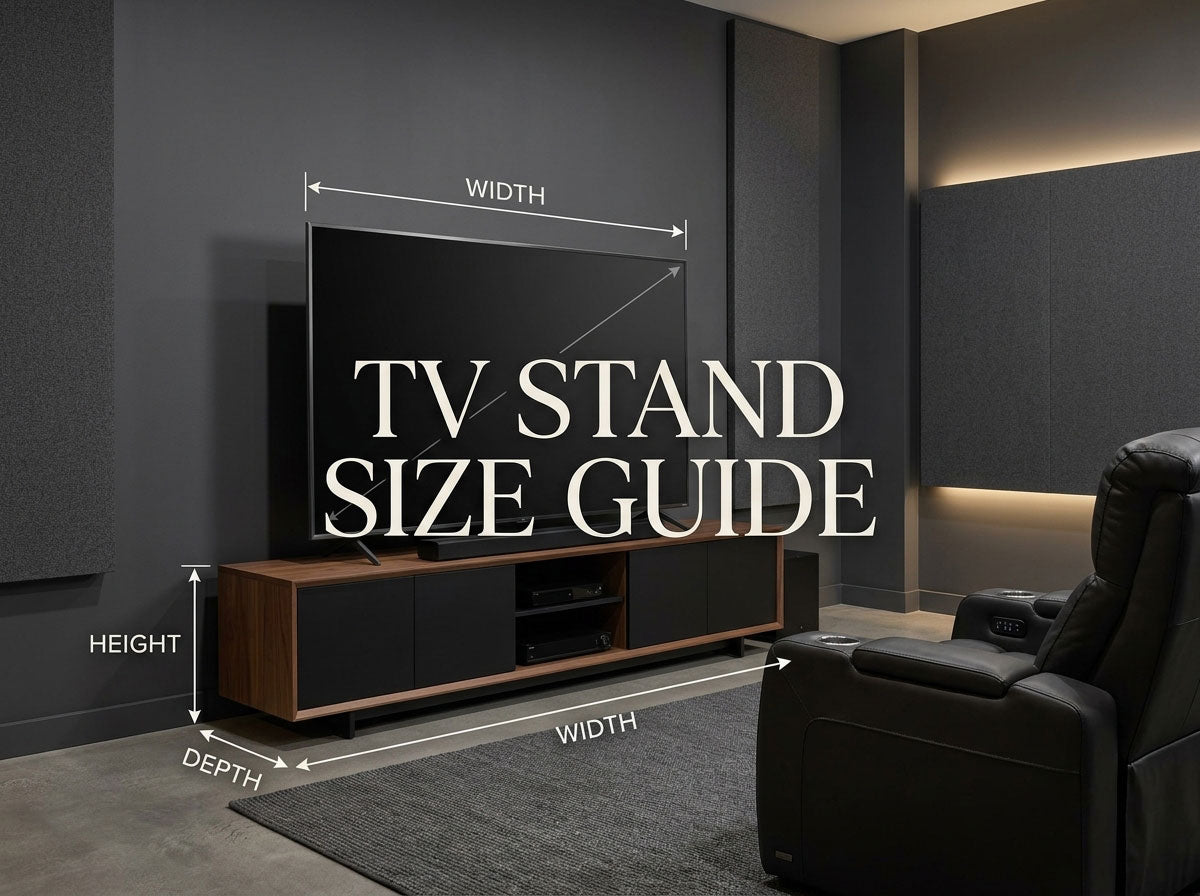 TV stand size guide showing width, height, depth, TV placement, and media room proportions