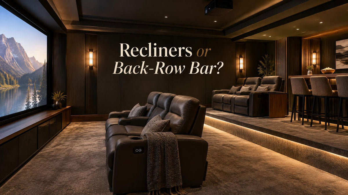 Home theater comparing second-row recliners with a back-row bar behind the primary theater seating.