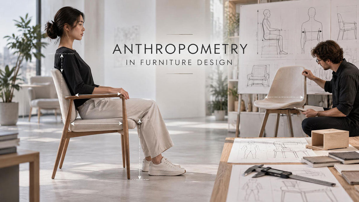 Anthropometry in furniture design showing body measurements such as leg length, hip breadth, and elbow height in relation to chair dimensions.