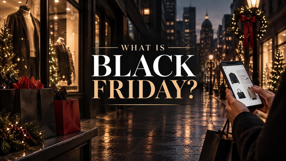 ALT: Modern Black Friday shopping scene with storefronts and online shopping elements