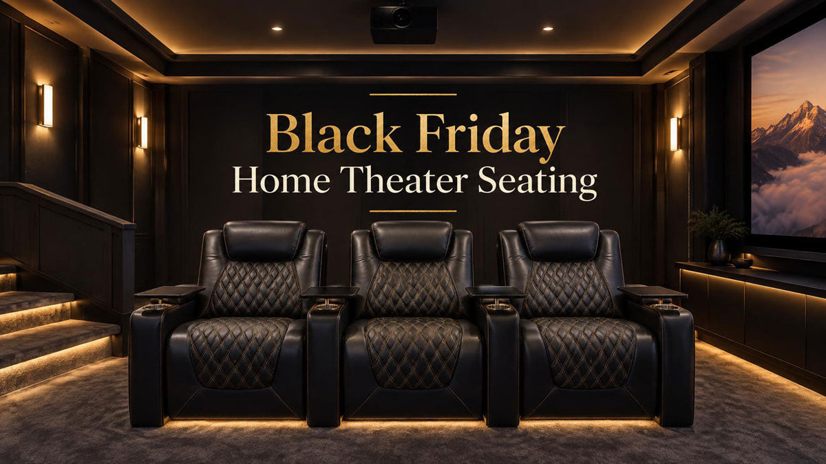 Three black theater recliners with diamond stitching and tray tables in a warmly lit media room beneath Black Friday home theater seating text.