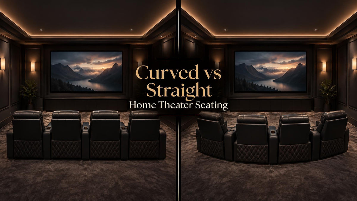 Side-by-side home theater rooms with four recliners arranged in a straight row and a shallow inward-facing curve.