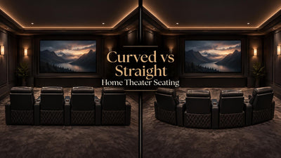 Side-by-side home theater rooms with four recliners arranged in a straight row and a shallow inward-facing curve.