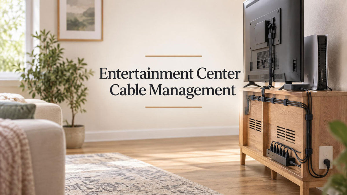 Organized cables behind a TV console with reusable straps and accessible device connections.