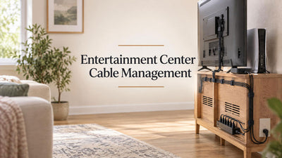 Organized cables behind a TV console with reusable straps and accessible device connections.