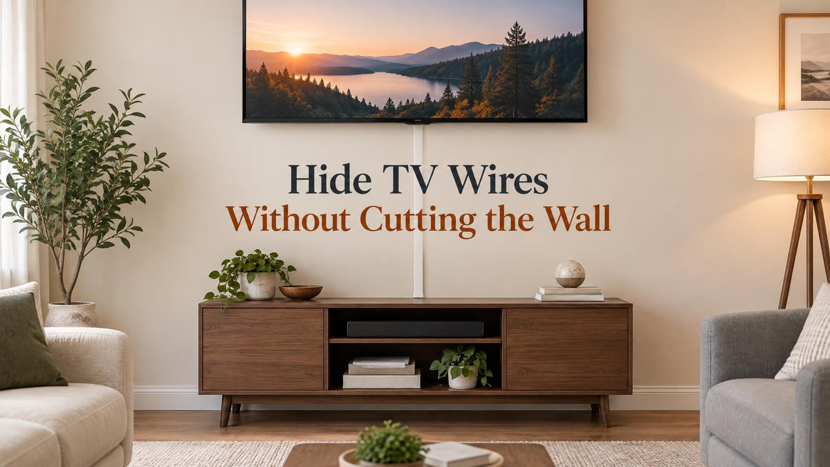 Wall-mounted TV above a media console with a surface cord cover