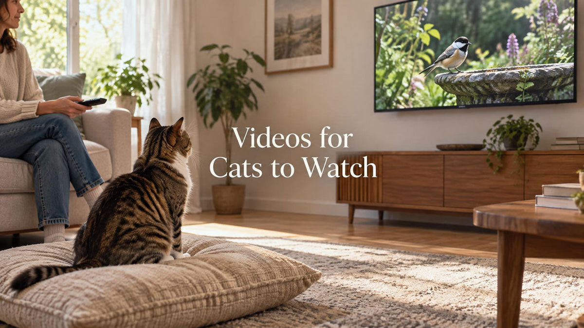 Cat watching a garden-bird video from a floor cushion while an adult sits nearby in a living room.