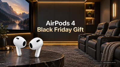 AirPods 4 earbuds beside reclining theater seating in a contemporary media room
