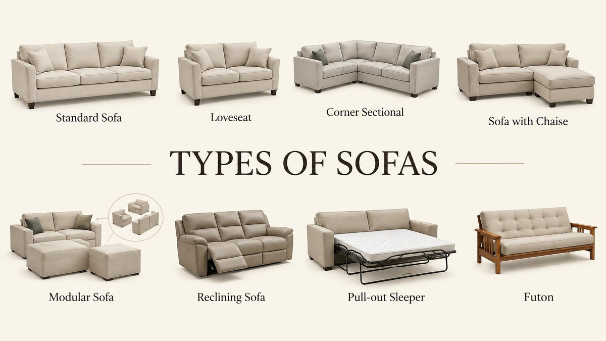 Eight illustrated sofa forms, including a loveseat, sectional, chaise sofa, recliner, sleeper, and futon.