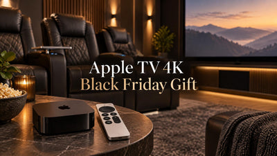 Apple TV 4K and Siri Remote beside reclining seats in a warmly lit home theater