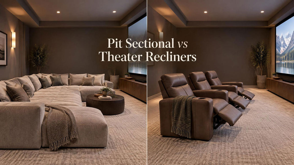 Pit sectional and three theater recliners shown as two movie-room seating options.