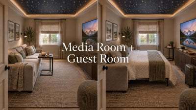 The same media room shown with a sofa for watching and with its sleeper opened for an overnight guest.