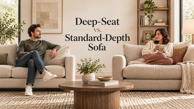 Concept comparison of upright sitting on a standard-depth sofa and curled-up lounging on a deeper sofa.