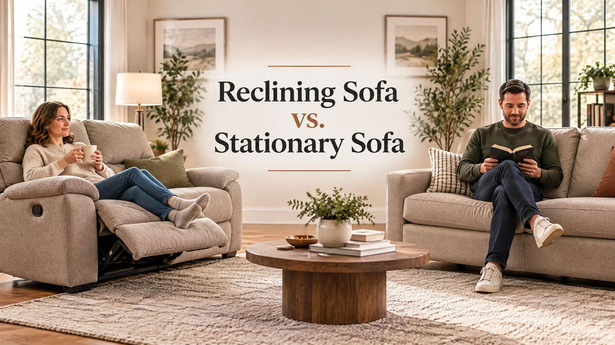 Concept comparison of a reclining sofa with an extended footrest and a stationary sofa in an everyday living room.