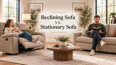 Concept comparison of a reclining sofa with an extended footrest and a stationary sofa in an everyday living room.