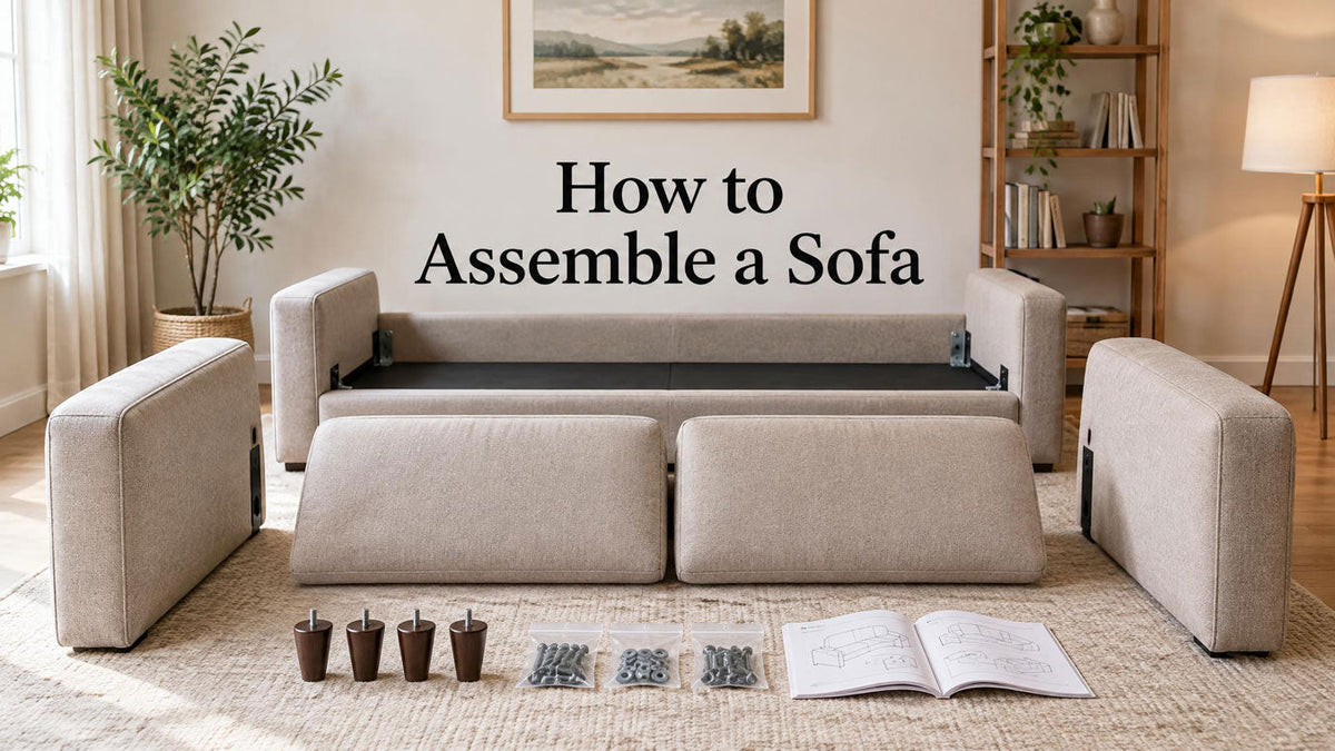 Sofa components and an instruction booklet prepared for assembly in a living room