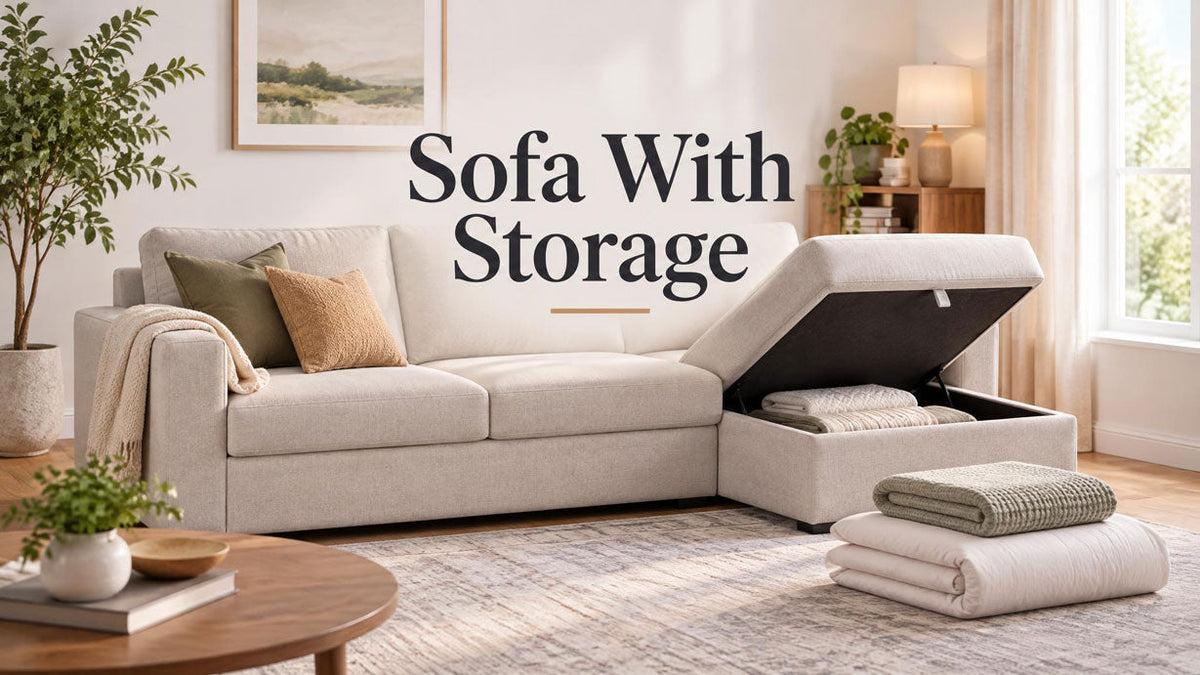 Storage sofa with folded bedding beside the open compartment