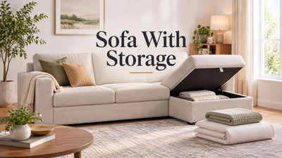 Storage sofa with folded bedding beside the open compartment