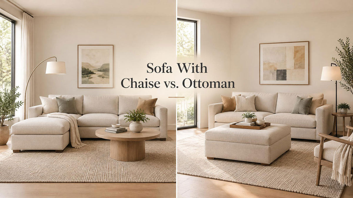 Living room concepts compare a sofa with a chaise and a sofa with a separate ottoman