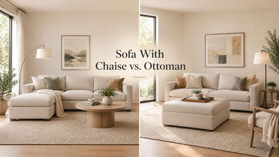 Living room concepts compare a sofa with a chaise and a sofa with a separate ottoman