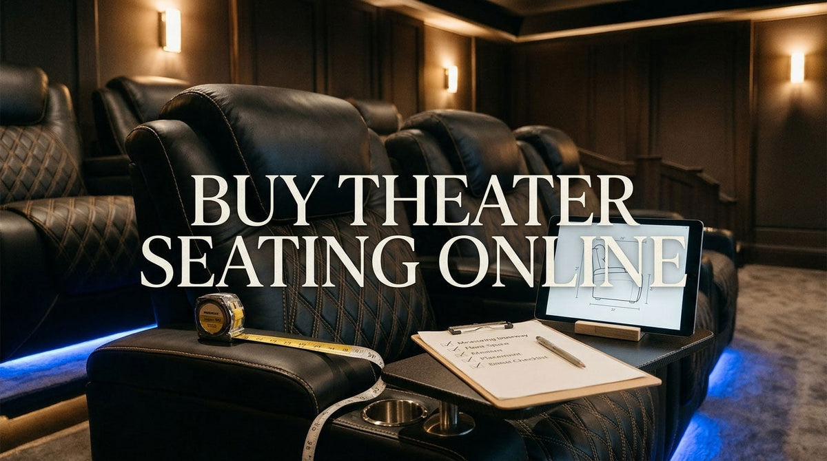 Home theater seating with a tape measure, a model video, and a return-policy checklist