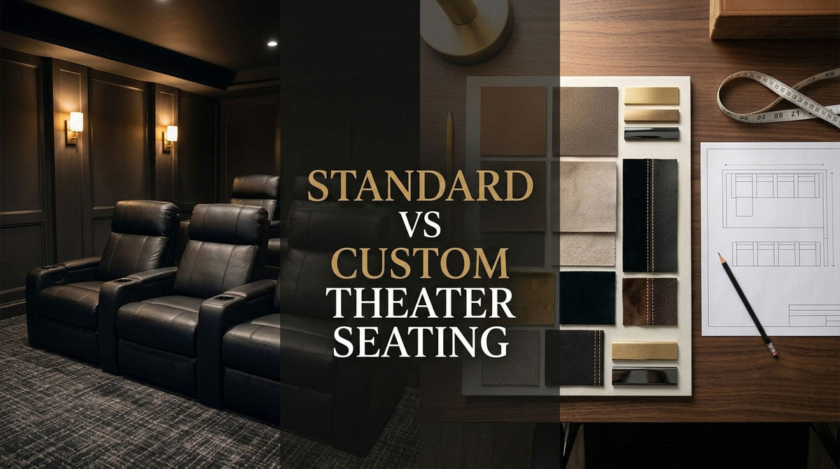 Illustrative theater seating beside upholstery samples and a room plan