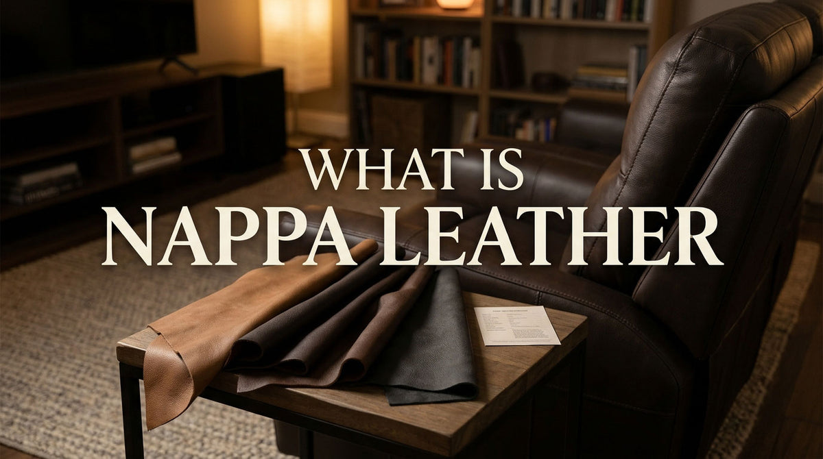 Illustrative leather swatches beside a recliner and upholstery specification notes