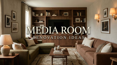 Illustrative before-and-after concept keeping a brown leather sofa while changing the rug, lamps, art, and palette