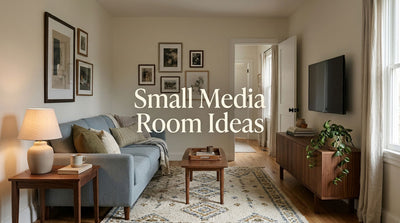 A cozy small media room with coordinated seating, warm lighting, and personal decor