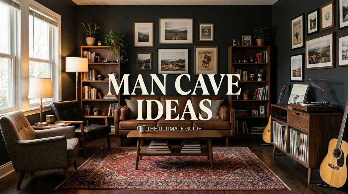 Inviting man cave concept with comfortable seating, books, records, and personal decor.
