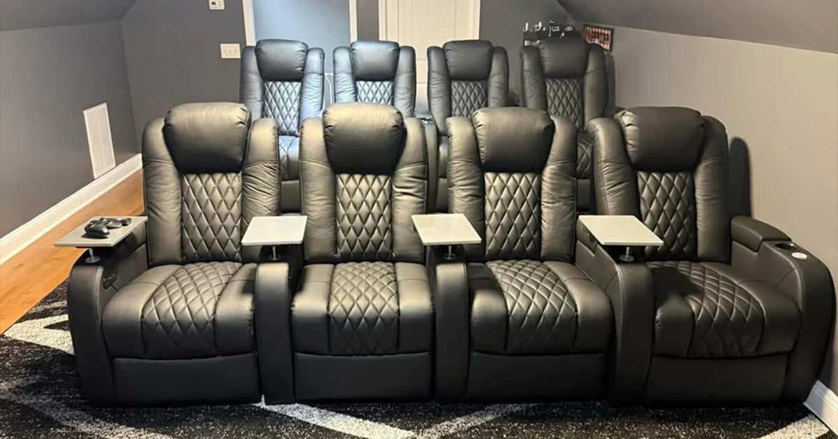 Complete Weilianda home theater installation with multiple rows of quilted leather reclining seats and individual tray table accessories